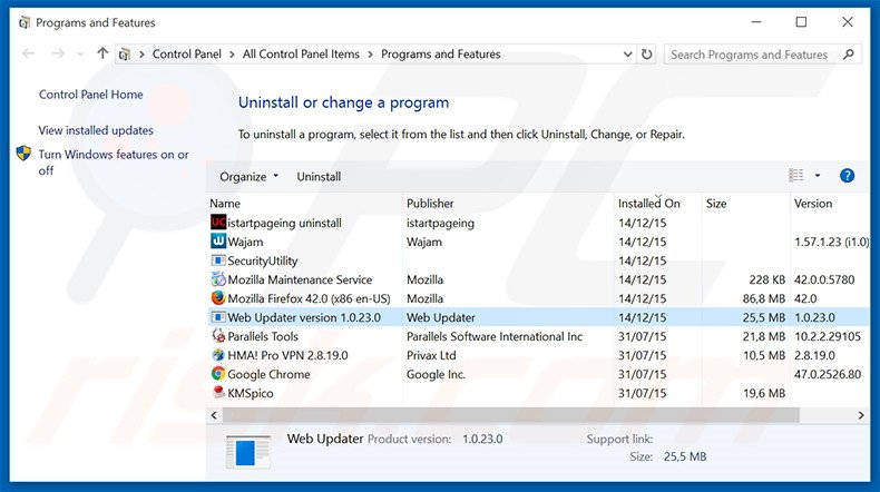 Web Updater adware uninstall via Control Panel