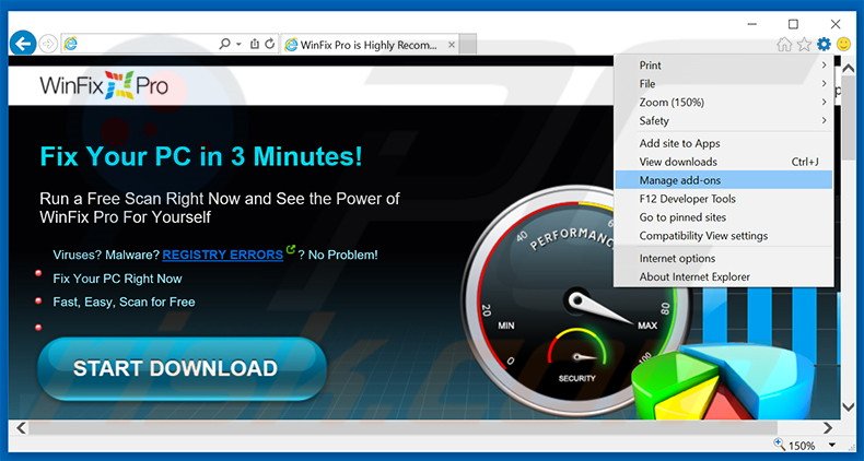 Removing WinFix Pro ads from Internet Explorer step 1