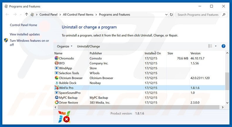 WinFix Pro adware uninstall via Control Panel