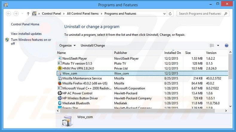 wow.com browser hijacker uninstall via Control Panel