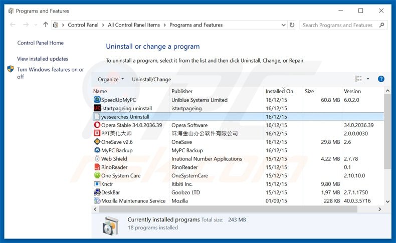 yessearches.com browser hijacker uninstall via Control Panel