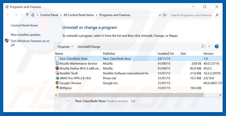 search.yourclassifiedsnow.com browser hijacker uninstall via Control Panel