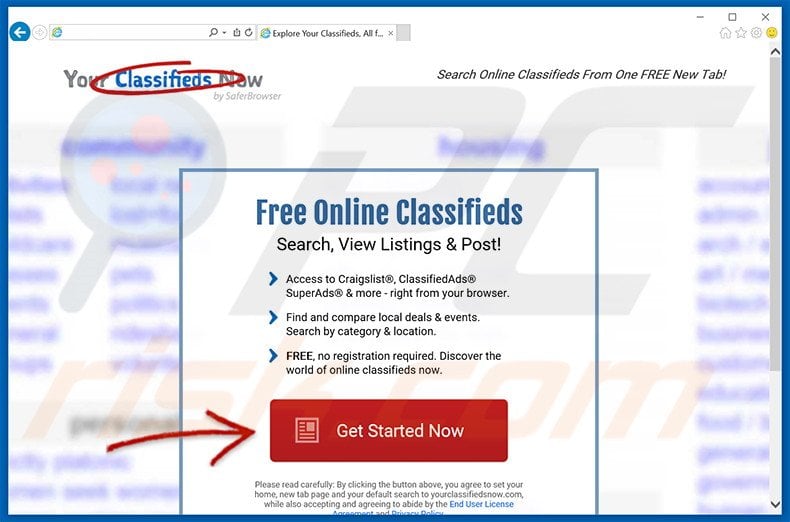 Website used to promote Your Classifieds Now browser hijacker