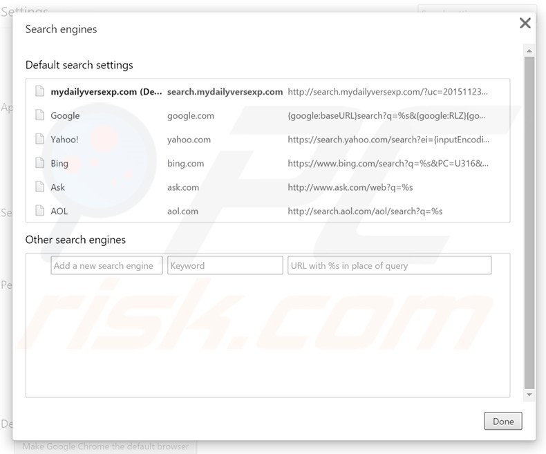 Removing search.mydailyversexp.com from Google Chrome default search engine