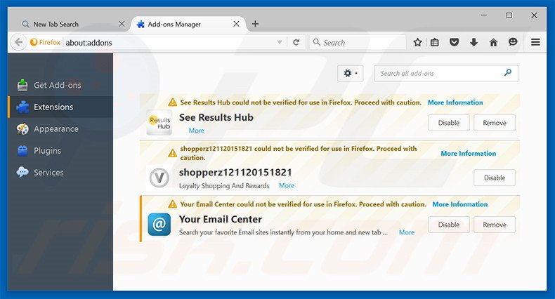 Removing search.youremailcenter.com related Mozilla Firefox extensions