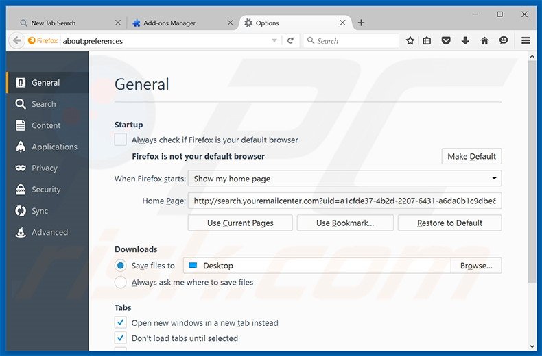 Removing search.youremailcenter.com from Mozilla Firefox homepage
