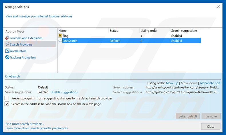 Removing search.yourinstantweather.com from Internet Explorer default search engine