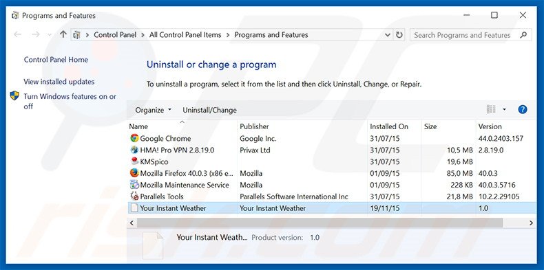 search.yourinstantweather.com browser hijacker uninstall via Control Panel