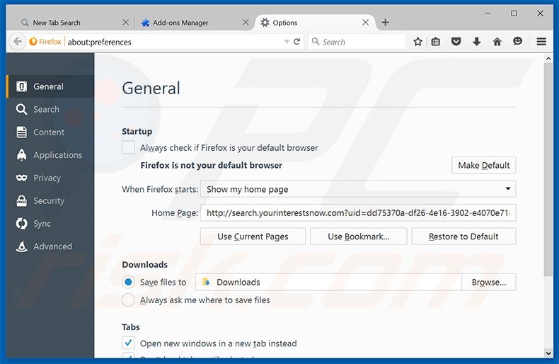 Removing search.yourinterestsnow.com from Mozilla Firefox homepage