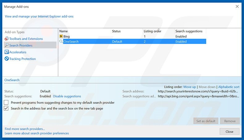 Removing search.yourinterestsnow.com from Internet Explorer default search engine