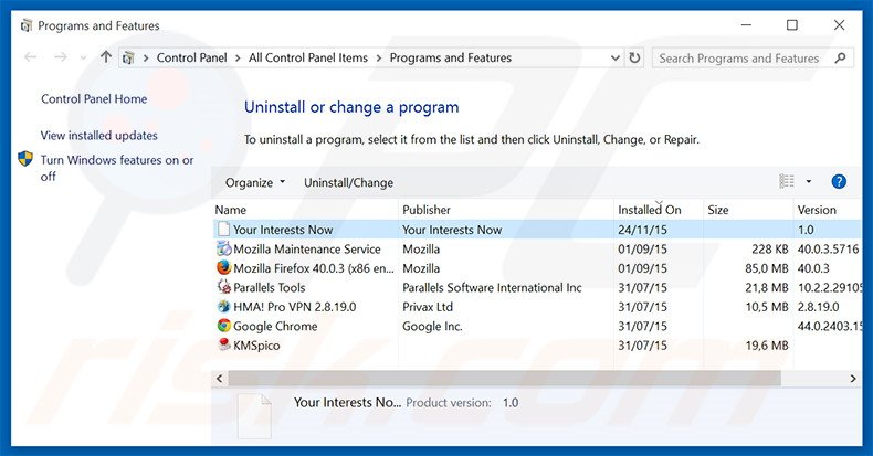 search.yourinterestsnow.com browser hijacker uninstall via Control Panel