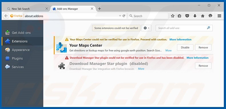 Removing search.yourmapscenter.com related Mozilla Firefox extensions