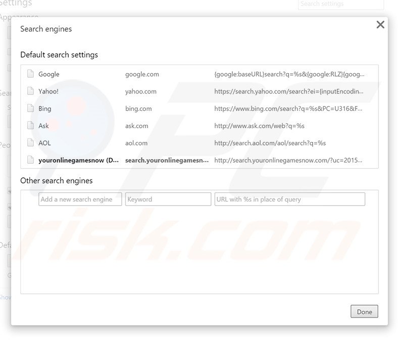 Removing search.youronlinegamesnow.com from Google Chrome default search engine