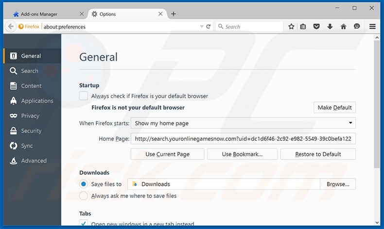 Removing search.youronlinegamesnow.com from Mozilla Firefox homepage