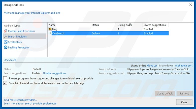 Removing search.youronlinegamesnow.com from Internet Explorer default search engine