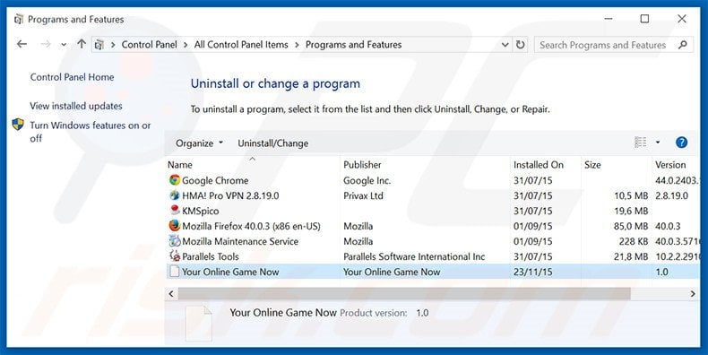 search.youronlinegamesnow.com browser hijacker uninstall via Control Panel