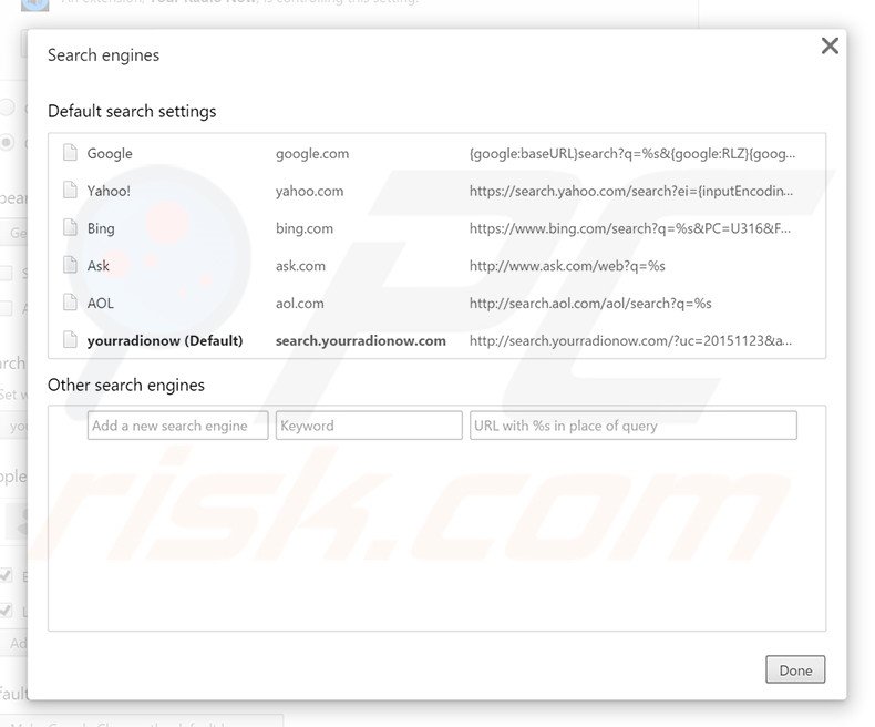 Removing search.yourradionow.com from Google Chrome default search engine