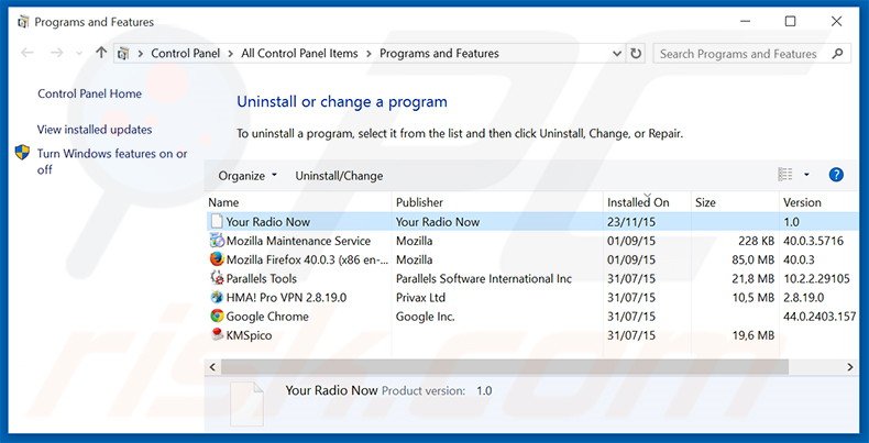 search.yourradionow.com browser hijacker uninstall via Control Panel