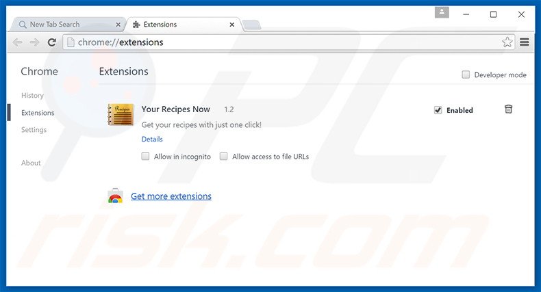 Removing search.yourrecipesnow.com related Google Chrome extensions
