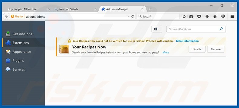 Removing search.yourrecipesnow.com related Mozilla Firefox extensions