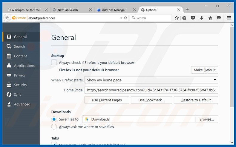 Removing search.yourrecipesnow.com from Mozilla Firefox homepage