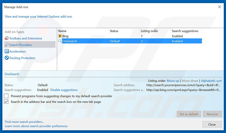 Removing search.yourrecipesnow.com from Internet Explorer default search engine