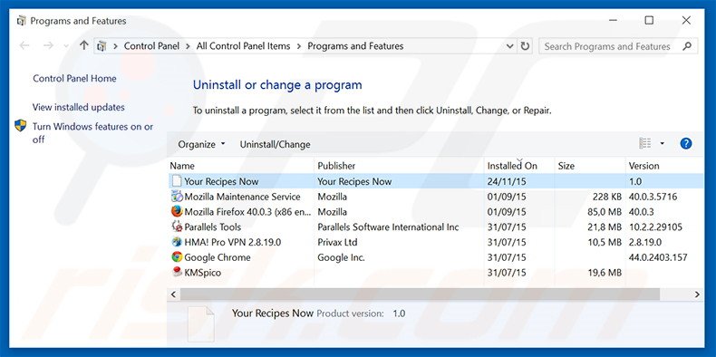 search.yourrecipesnow.com browser hijacker uninstall via Control Panel