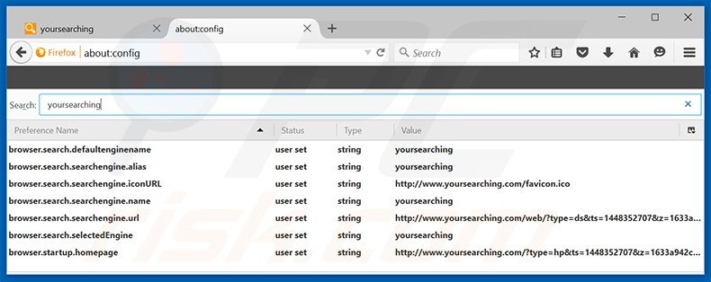 Removing yoursearching.com from Mozilla Firefox default search engine