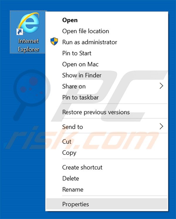 Removing yoursearching.com from Internet Explorer shortcut target step 1