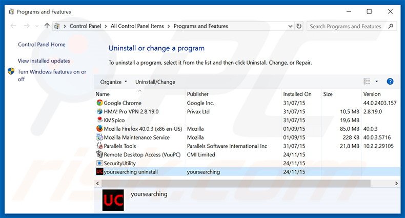 yoursearching.com browser hijacker uninstall via Control Panel
