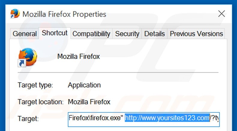 Removing yoursites123.com from Mozilla Firefox shortcut target step 2