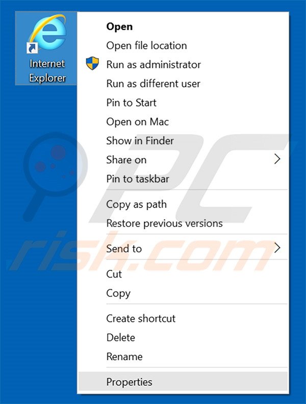 Removing yoursites123.com from Internet Explorer shortcut target step 1