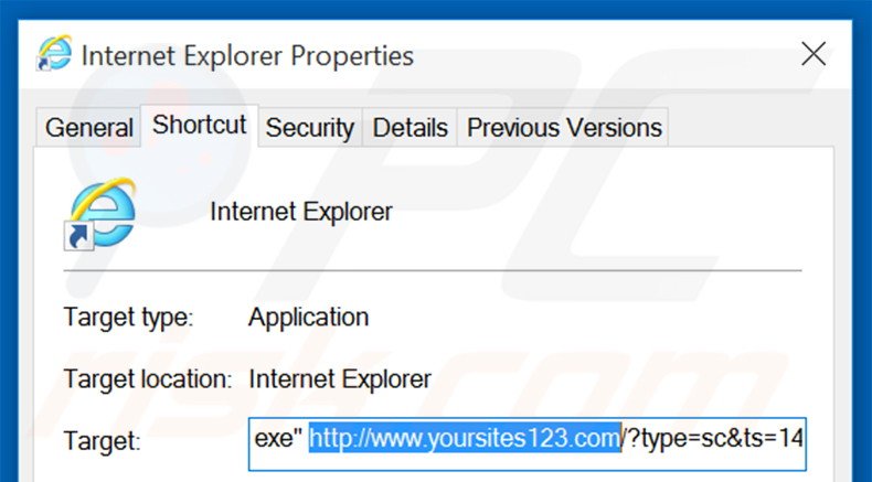 Removing yoursites123.com from Internet Explorer shortcut target step 2