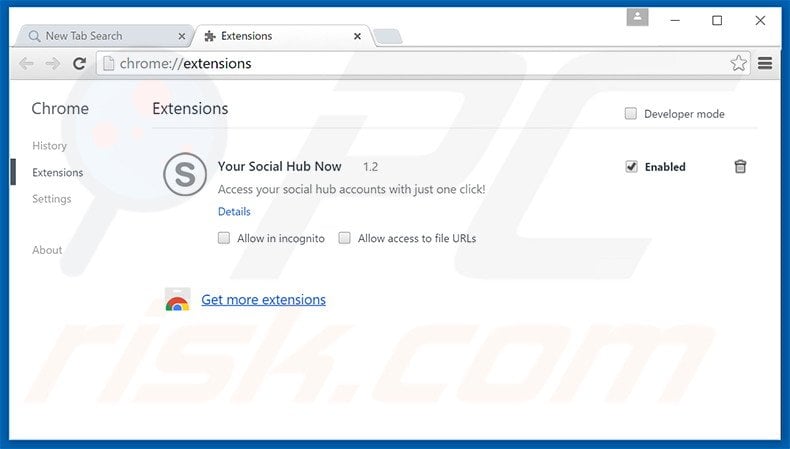 Removing search.yoursocialhubnow.com related Google Chrome extensions