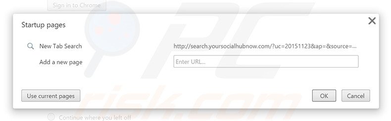 Removing search.yoursocialhubnow.com from Google Chrome homepage