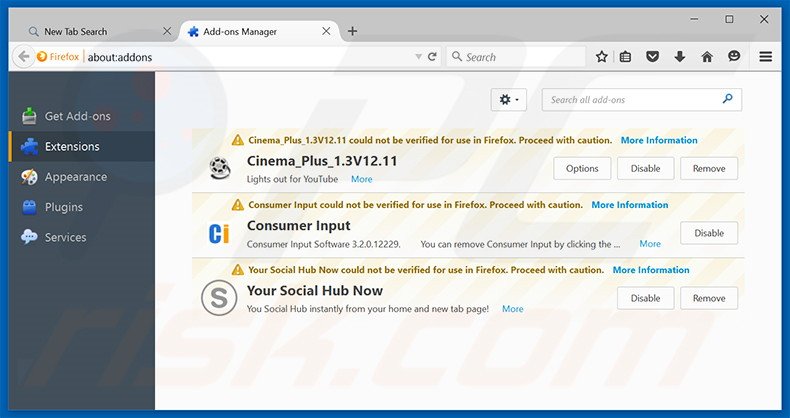 Removing search.yoursocialhubnow.com related Mozilla Firefox extensions