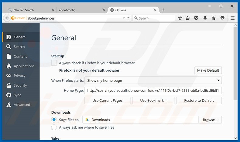 Removing search.yoursocialhubnow.com from Mozilla Firefox homepage