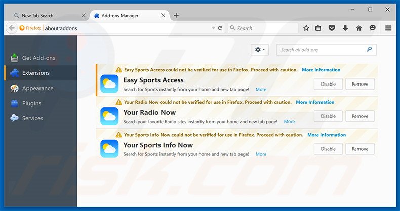 Removing search.yoursportsinfonow.com related Mozilla Firefox extensions