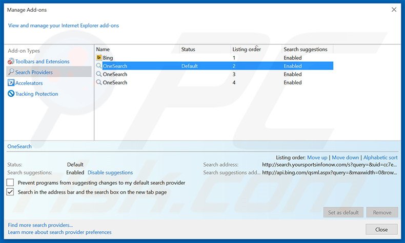 Removing search.yoursportsinfonow.com from Internet Explorer default search engine