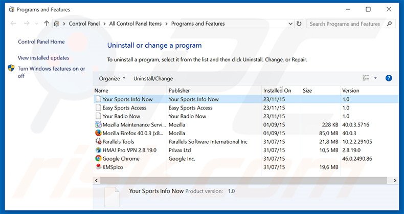 search.yoursportsinfonow.com browser hijacker uninstall via Control Panel