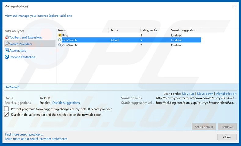 Removing search.yourweatherinfonow.com from Internet Explorer default search engine