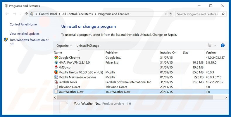 search.yourweatherinfonow.com browser hijacker uninstall via Control Panel