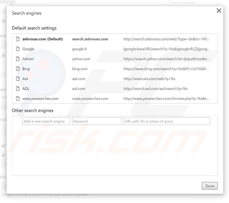Removing search.zebrouss.com from Google Chrome default search engine