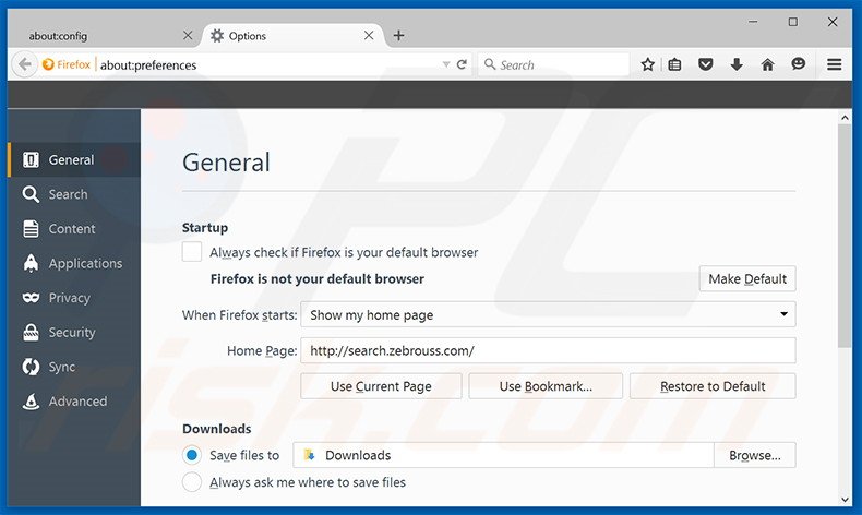 Removing search.zebrouss.com from Mozilla Firefox homepage