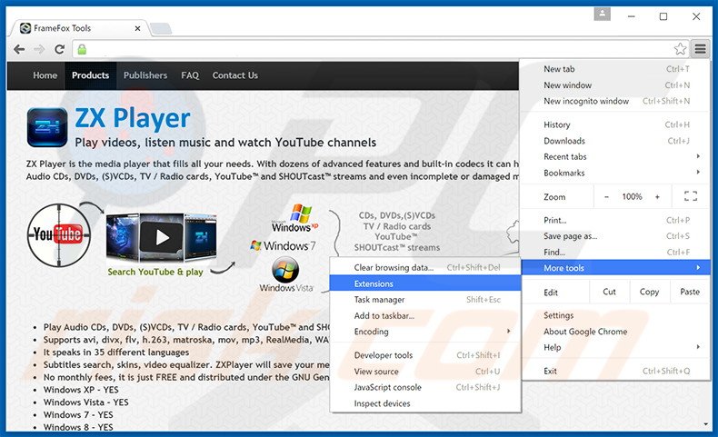 Removing ZX Player  ads from Google Chrome step 1