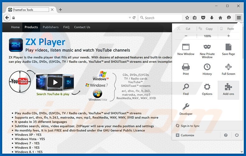 Removing ZX Player ads from Mozilla Firefox step 1