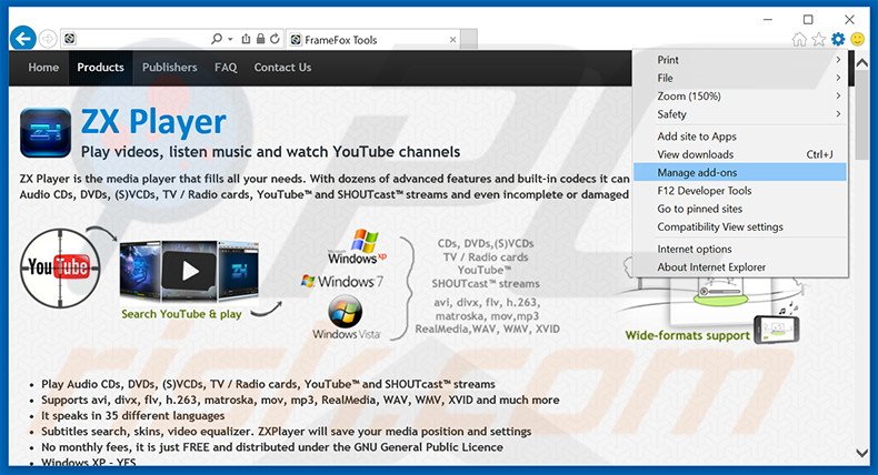 Removing ZX Player ads from Internet Explorer step 1