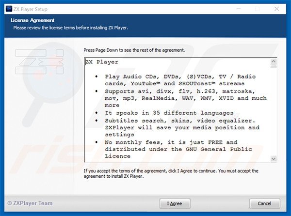 Official ZX Player adware installation setup