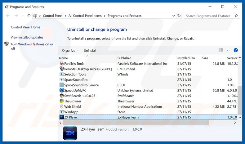 ZX Player adware uninstall via Control Panel