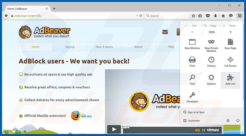 Removing AdBeaver ads from Mozilla Firefox step 1
